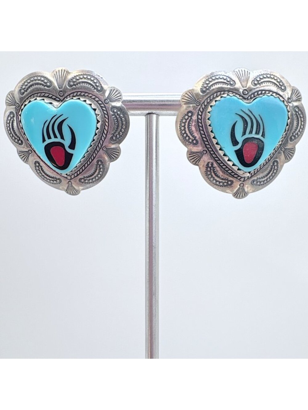 Turquoise Bear Paw Heart Earrings Sterling Silver 925 Size 1" Length